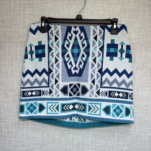 H&M Blue Geometric Aztec Cotton Blend Mini Skirt – Size 8 – Made in Turkey